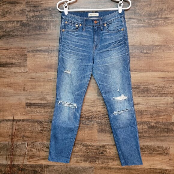 Madewell Jeans Sz 27 High Riser Skinny Skinny Branson Wash Raw Hem Stretch Denim - Picture 1 of 10